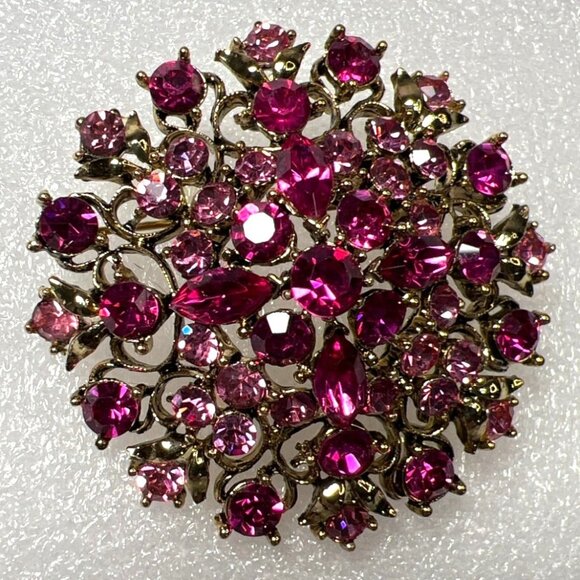 Lisner Two-tone Pink Faceted Rhinestone Brooch Layered Floral Dome Pin Signed - Picture 7 of 11